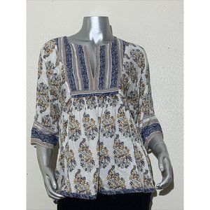 Lucky Brand Womens Top White S Floral Print V Neck 3/4 Sleeves Boho Comfy Casual